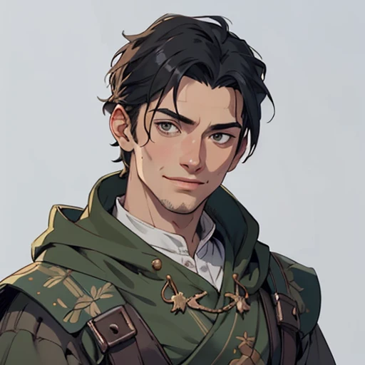 (masterpiece), (best quality),(portrait),(bust up),1boy,solo,(sharp focus),(look at viewer),, young man,hobbit,RobinHood,black hair,((hood)),ancient clothes,(simple background),gray background,old school fantasy art,super shiny face,Ultra Glossy Skin,smile,embroidery outfit,medieval farmer outfit,moss green outfit,