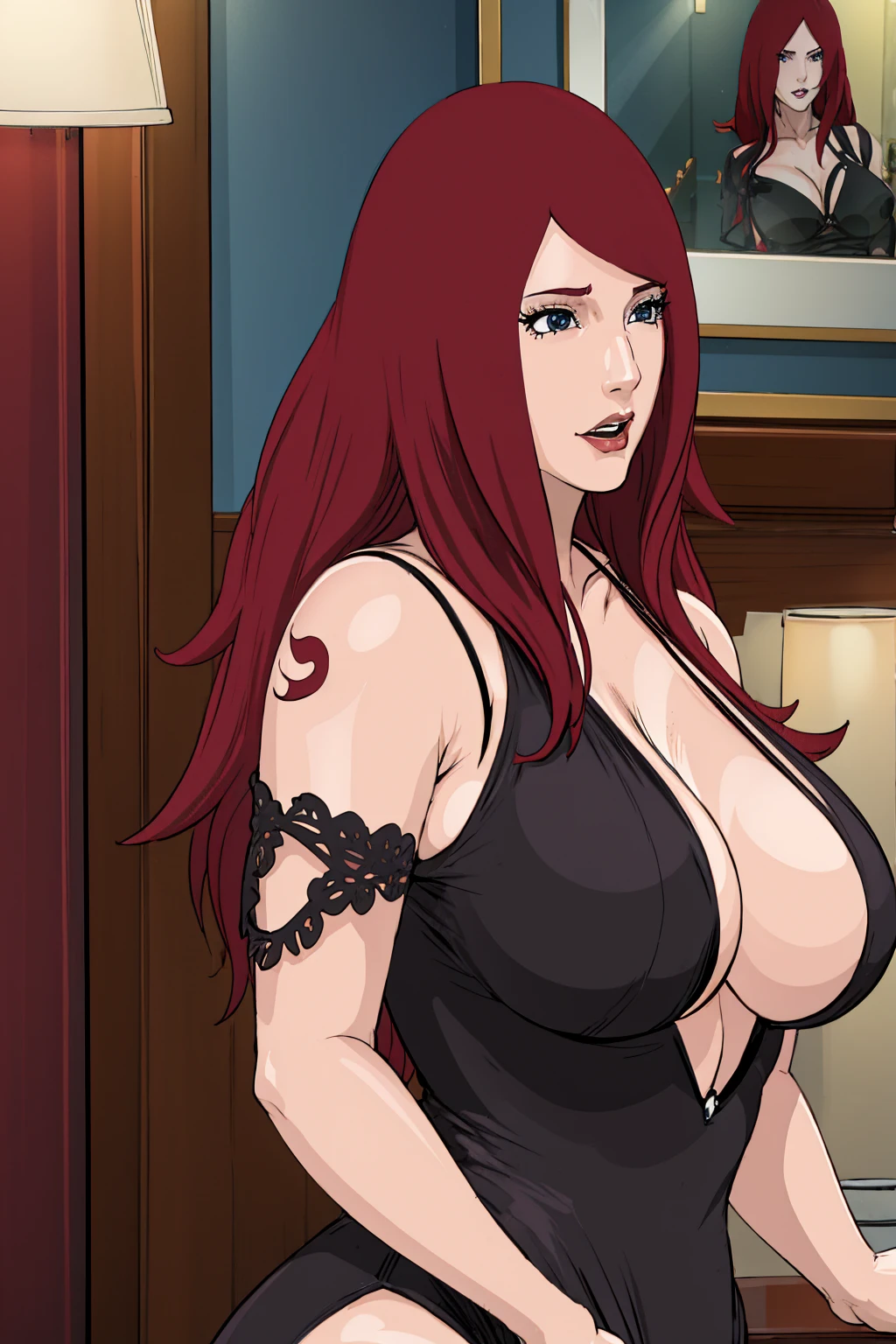 Redhead kushina in  a sexy black dress a hotel room,milf ,sexy black lingerie,thick milf , perfect face, perfect eyes, perfect limbs ,perfect makeup,cleavage,bright red hairs