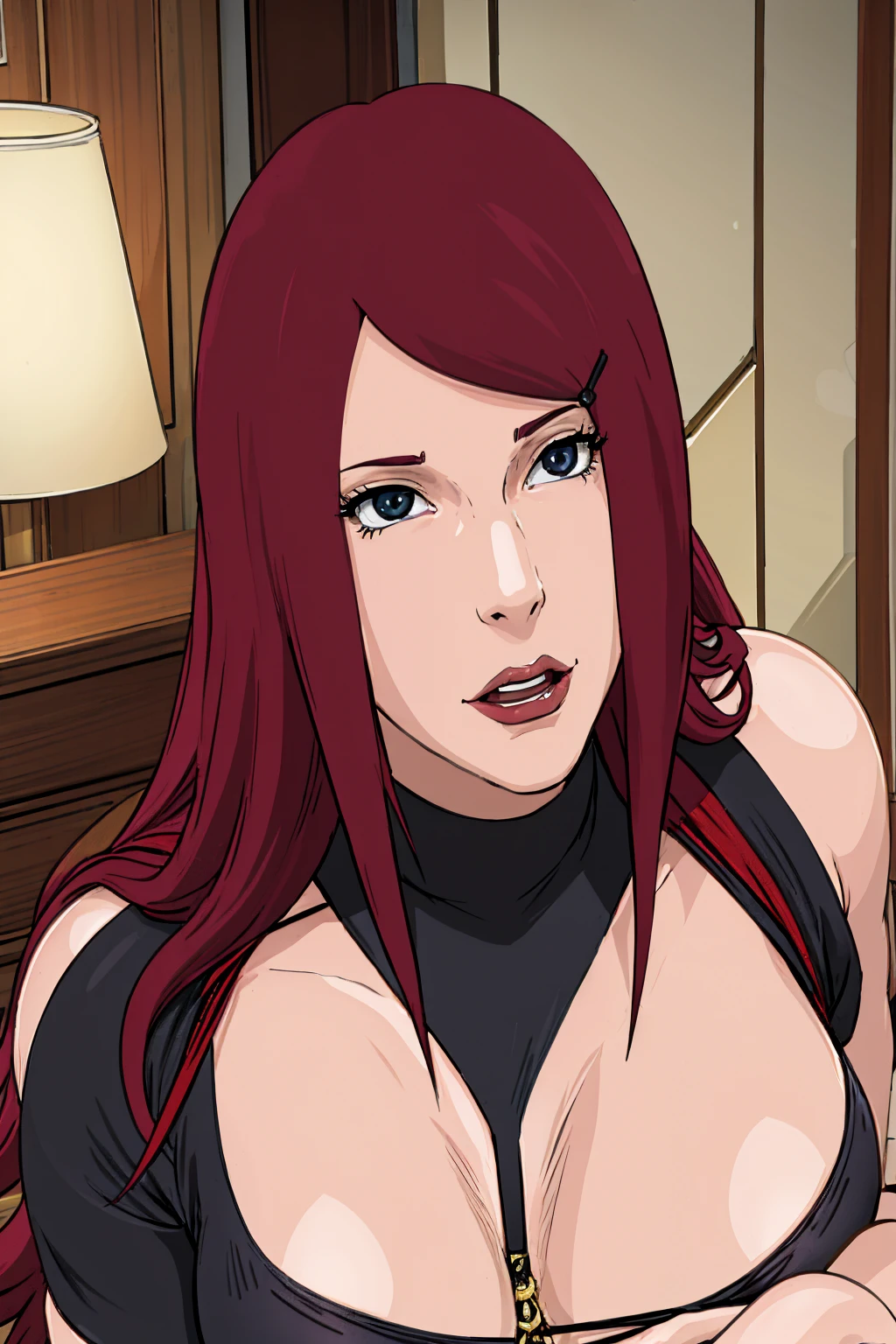 Redhead kushina in  a sexy black dress a hotel room,milf ,sexy black lingerie,thick milf , perfect face, perfect eyes, perfect limbs ,perfect makeup,cleavage,bright red hairs