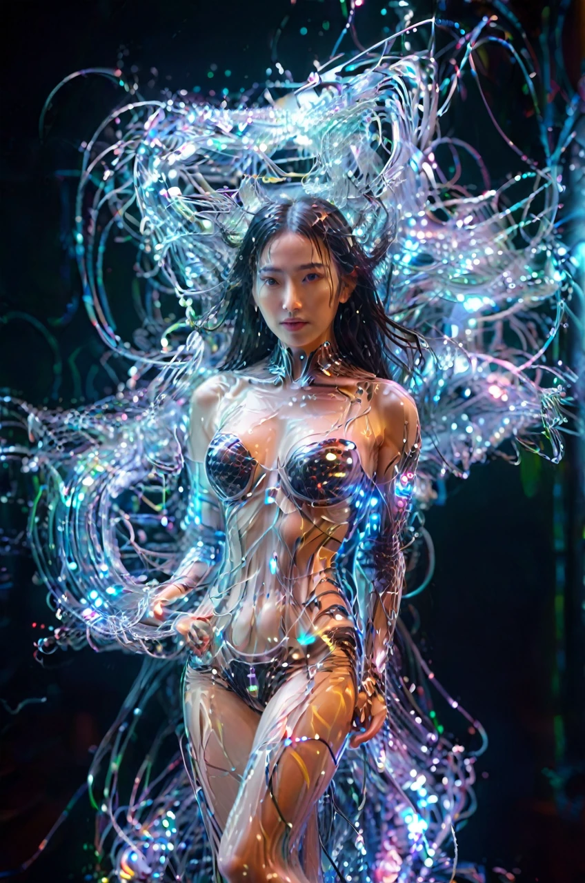 8K,RAW Photos,Highest quality,masterpiece,reality,reality的,Very detailed,live-action,Very beautiful woman,Android,cyborg,cyber-,slim,Long legs ,Electronic device body,((Very detailed電子機器)),(A body with clearly visible internal electronics),A dress made of thin connecting lines,Wet body,Wet long hair,Advanced AI, (Seamless integration of organic and mechanical elements),element,neon,Many small LED lights,transparent,future,Glamour,Large Breasts,Live Action,Fantasy,movie,(((full body))),135mm camera,F/1.8,Portrait,8th life,shadow,