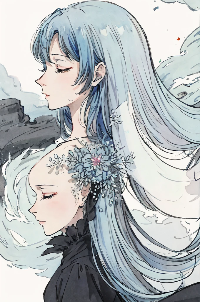 anime style, profile/side view, closeup, woman with (very light blue) hair, long hair, closed eyes, black dress, nymph, flowing, sparkle