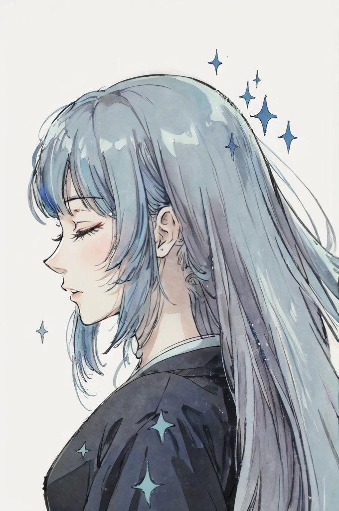 anime style, profile/side view, closeup, woman with (very light blue) hair, long hair, closed eyes, black dress, nymph, flowing, sparkle