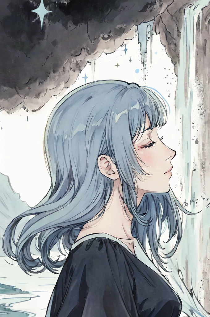 anime style, profile/side view, closeup, woman with (very light blue) hair, long hair, closed eyes, black dress, nymph, flowing, sparkle