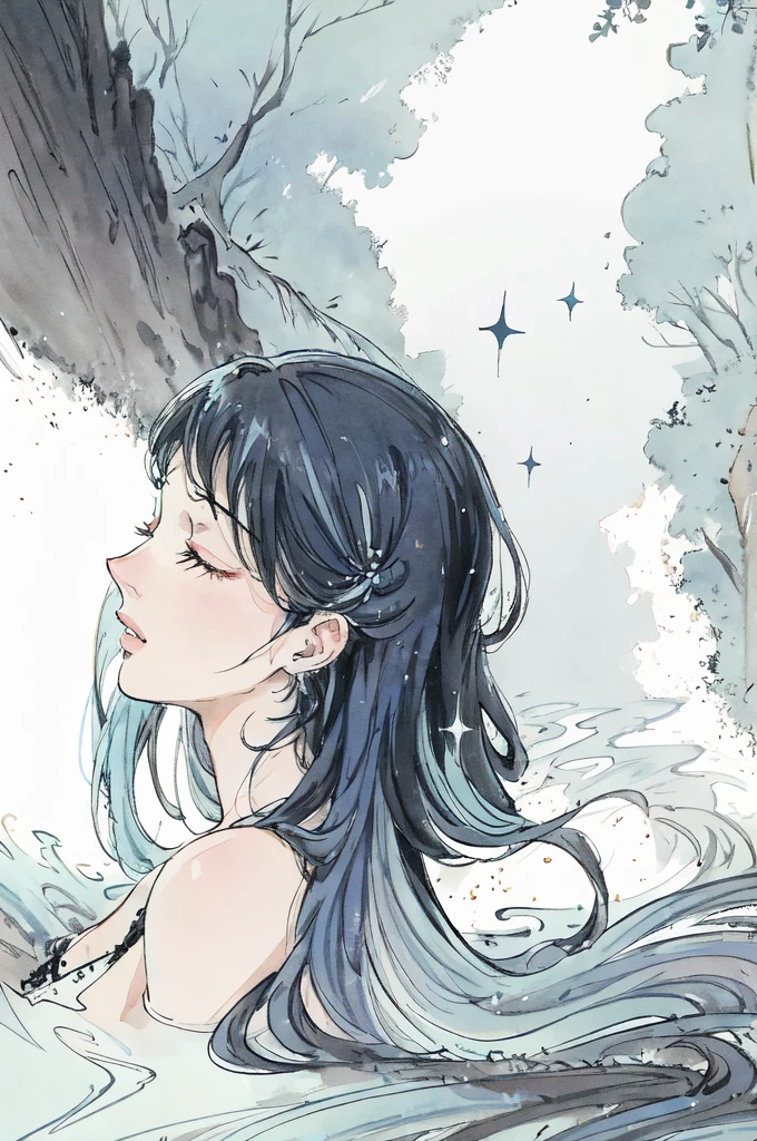 anime style, profile/side view, closeup, woman with (very light blue) hair, long hair, closed eyes, black dress, nymph, flowing, sparkle