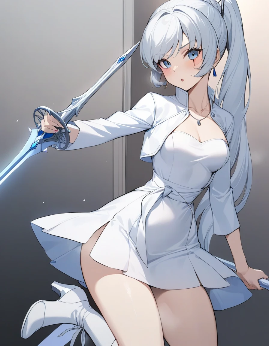 nsfw, masterpiece,best quality,1girl, weiss schnee, solo, holding sword, rapier, cropped jacket, necklace, boots, left-handed, white footwear, white dress, pendant, short dress, scar on face, long sleeves, high heels, earrings