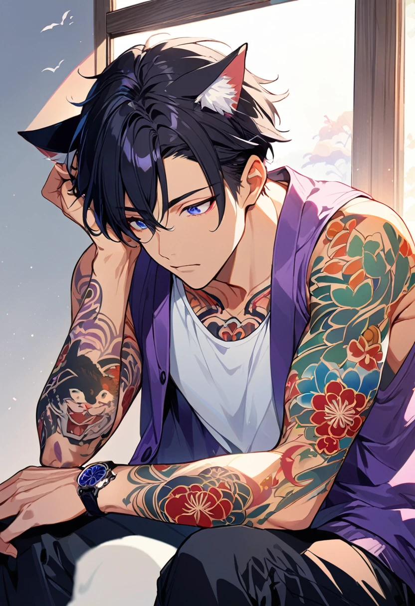 1man, short black hair, cat ears, bright blueviolet eyes, wearing a purple casual jacket, wearing a white undershirt, wearing black pants , wearing a vintage blueviolet watch, japanese style tattoos,  colorfull tattoos, tattoos all over the arms, resting head with hand