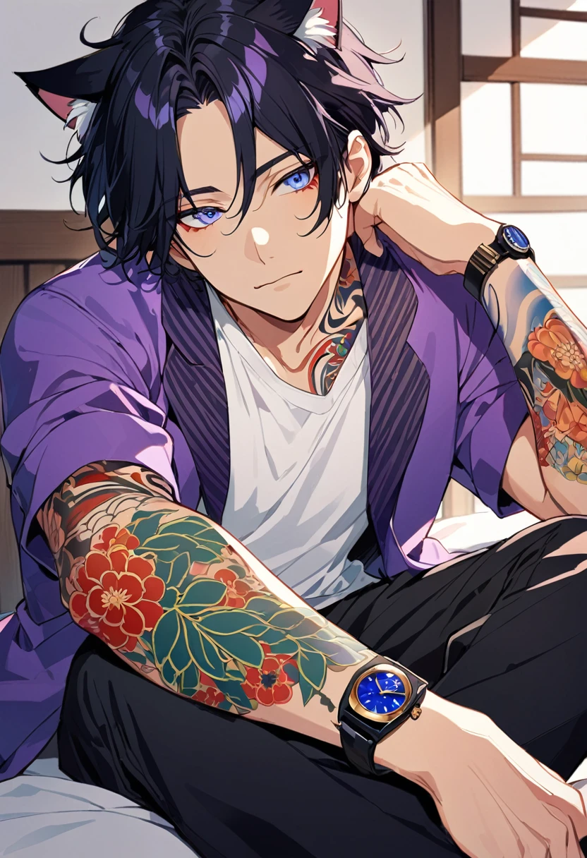 1man, short black hair, cat ears, bright blueviolet eyes, wearing a purple casual jacket, wearing a white undershirt, wearing black pants , wearing a vintage blueviolet watch, japanese style tattoos, colorfull tattoos, tattoos all over the arms, resting head with hand