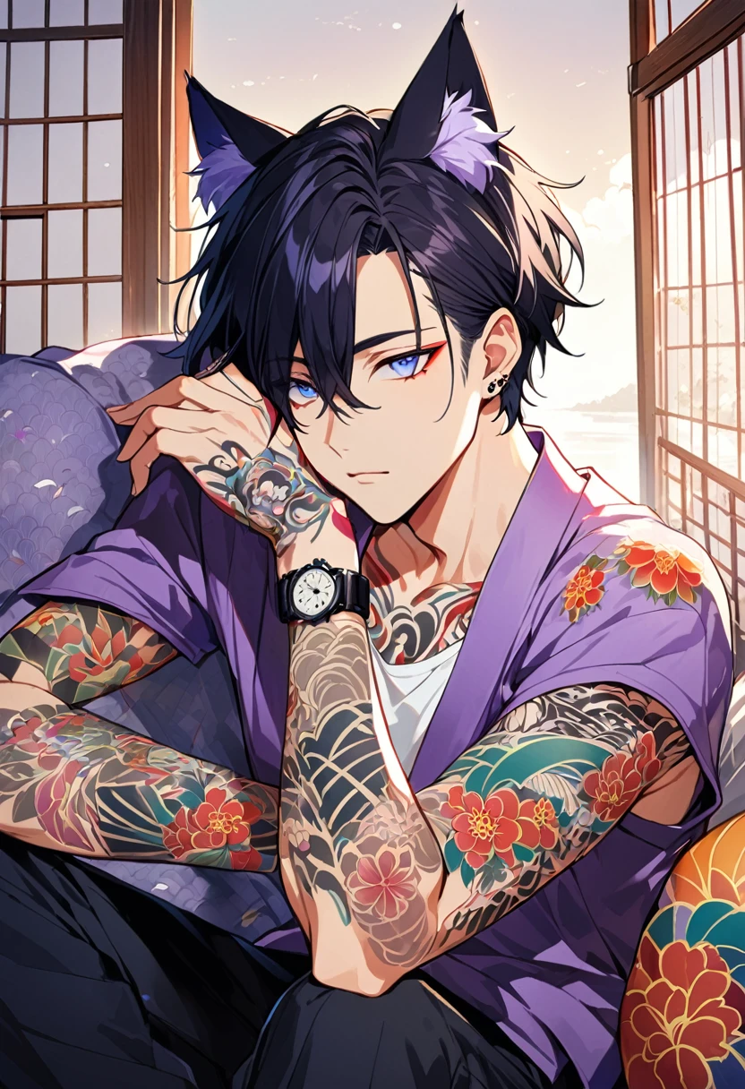 1man, short black hair, cat ears, bright blueviolet eyes, wearing a purple casual jacket, wearing a white undershirt, wearing black pants , wearing a vintage blueviolet watch, japanese style tattoos,  colorfull tattoos, tattoos all over the arms, resting head with hand