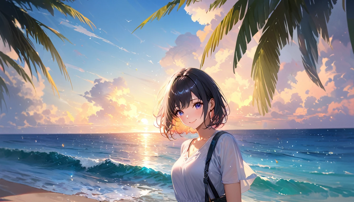 Sparkling sea and tropical ocean, Sunny sky with fluffy white clouds, Palm trees along the coast, Blur the background,Pleasant sea breeze,high school girl,short hair,smile,Glitter effect,Highest quality, 4K, 8K, High resolution, masterpiece:1.2, Very detailed, Realistic:1.37, High resolution, 超High resolution, Ultra-fine painting, Sharp focus, Physically Based Rendering, Very detailed explanation, Professional, Vibrant colors