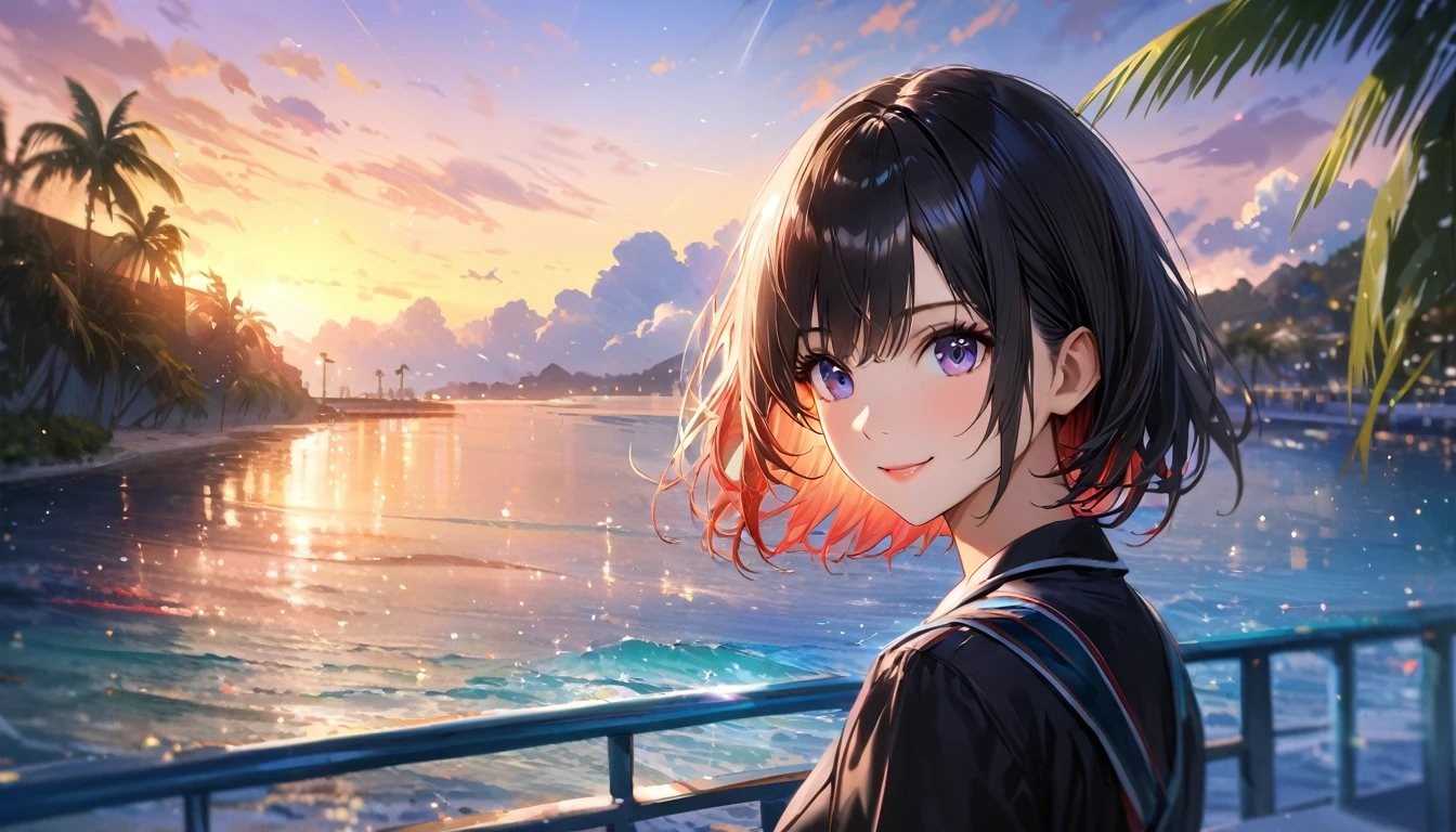 Sparkling sea and tropical ocean, Sunny sky with fluffy white clouds, Palm trees along the coast, Blur the background,Pleasant sea breeze,high school girl,short hair,smile,Glitter effect,Highest quality, 4K, 8K, High resolution, masterpiece:1.2, Very detailed, Realistic:1.37, High resolution, 超High resolution, Ultra-fine painting, Sharp focus, Physically Based Rendering, Very detailed explanation, Professional, Vibrant colors