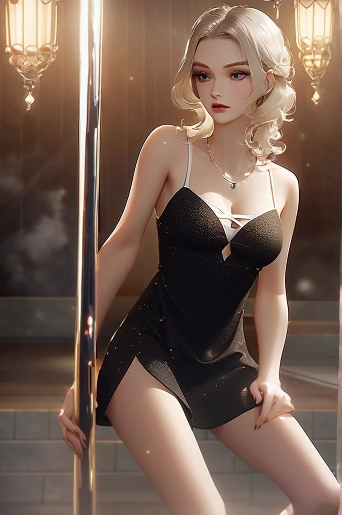 ((Лучшее качество)), ((шедевр)), (подробный), a girl on a pole pole dancing in a sauna
