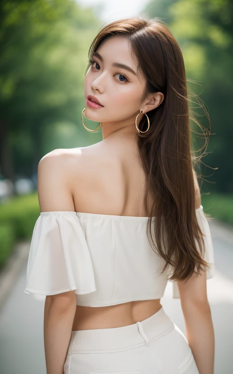 Masterpiece, best quality, alone, 1 woman, Glowing skin, hoop earrings, charming, strange details, smooth hair, Fascinating, bare shoulders, crop top, trousers, shallow depth of field, opposite, professional model, face, Portrait