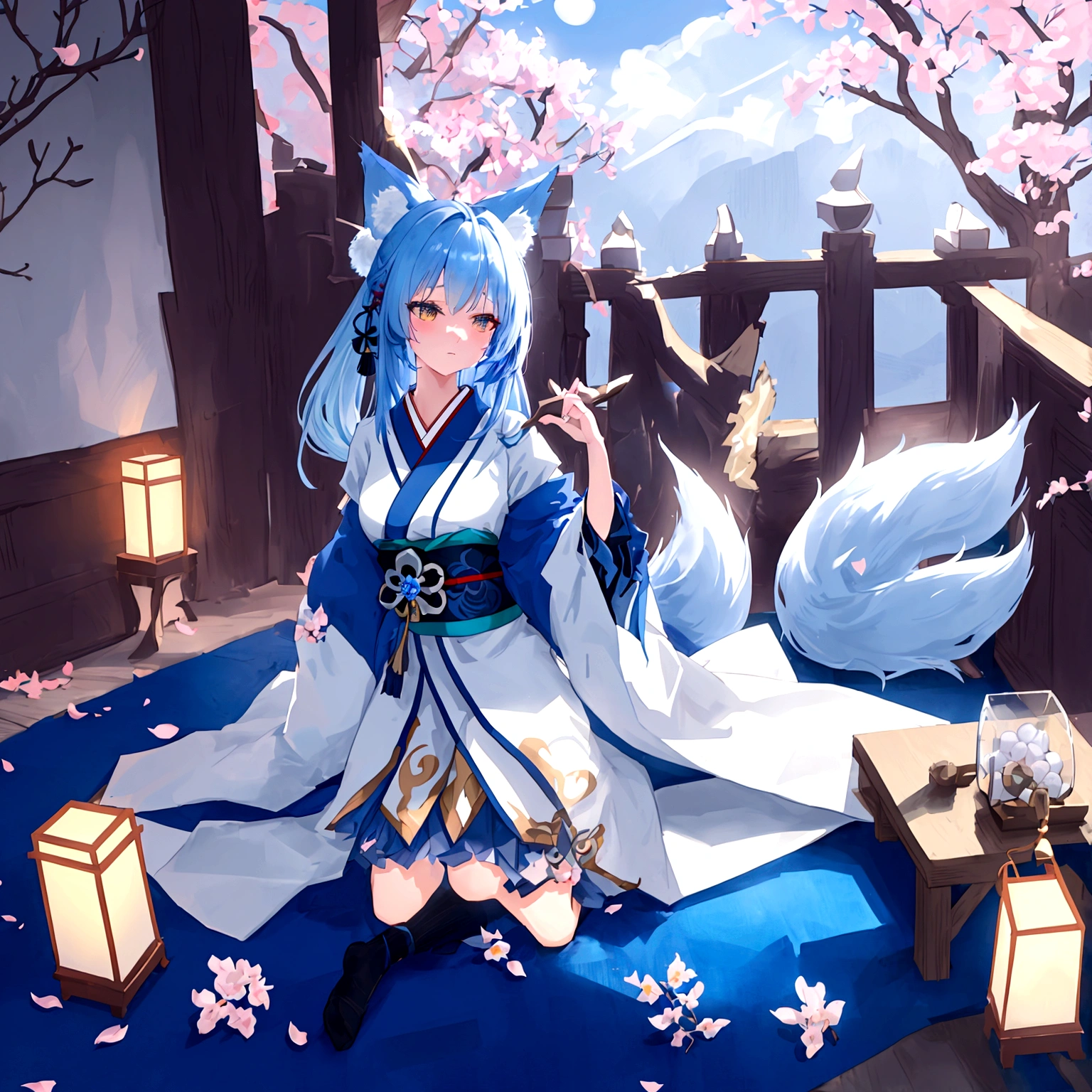 fox Light blue hair beast girl indigo fur fox beast girl fox Light blue hair beast girl indigo fur fox beast girl Wallpaper 4k,8k,highly detailled,,vivid colors,detailed kitsune with 9 tails,traditional Japanese artwork,tatami floor,beautiful cherry blossoms,floating lanterns,dark silhouette of a pagoda,subtle moonlight,dense forest,ethereal atmosphere,dappled sunlight,whimsical spirit,serene expression,elaborate kimono and obi,delicate hand-painted details,luminous eyes Anime Style fox blue White-faced golden-haired nine-tailed fox Coat blue fox Light blue hair beast girl indigo fur fox beast girl Anime Style fox blue White-faced golden-haired nine-tailed fox Coat blue mysterious background Blue Flame girl have a ball of light fox Light blue hair beast girl indigo fur fox beast girl mysterious background Blue Flame girl have a ball of light Anime Style fox blue White-faced golden-haired nine-tailed fox Coat blue mysterious background Blue Flame girl have a ball of light