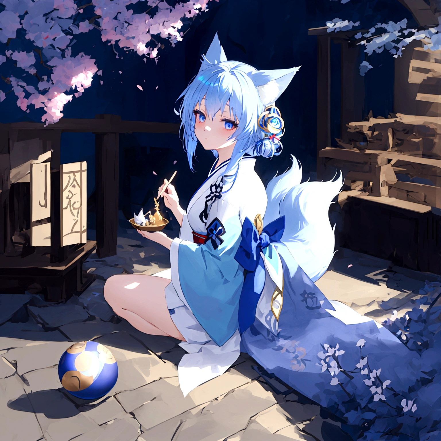 fox Light blue hair beast girl indigo fur fox beast girl fox Light blue hair beast girl indigo fur fox beast girl Wallpaper 4k,8k,highly detailled,,vivid colors,detailed kitsune with 9 tails,traditional Japanese artwork,tatami floor,beautiful cherry blossoms,floating lanterns,dark silhouette of a pagoda,subtle moonlight,dense forest,ethereal atmosphere,dappled sunlight,whimsical spirit,serene expression,elaborate kimono and obi,delicate hand-painted details,luminous eyes Anime Style fox blue White-faced golden-haired nine-tailed fox Coat blue fox Light blue hair beast girl indigo fur fox beast girl Anime Style fox blue White-faced golden-haired nine-tailed fox Coat blue mysterious background Blue Flame girl have a ball of light fox Light blue hair beast girl indigo fur fox beast girl mysterious background Blue Flame girl have a ball of light Anime Style fox blue White-faced golden-haired nine-tailed fox Coat blue mysterious background Blue Flame girl have a ball of light