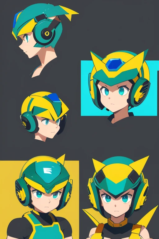 Generate an image of Mega Man's helmet, replacing the blue color with yellow and green to represent Brazilian colors, and with the letters "BR" on the forehead instead of the crystal, in a non-realistic, cartoonized anime style.

Keywords:
- Mega Man helmet art
- color swap blue to yellow and green
- Brazilian themed Mega Man helmet
- Capcom character art
- YouTube profile picture
- anime style art
- cartoonized Mega Man helmet
- non-realistic art style
- BR on forehead

Details:
- Create a digital artwork of Mega Man's helmet from Capcom.
- Replace Mega Man's traditional blue color scheme with yellow and green.
- Add the letters "BR" on the forehead of the helmet instead of the crystal.
- Ensure the image is suitable for use as a YouTube profile picture.
- Incorporate Brazilian colors in a way that maintains the helmet's recognizable features.
- Render the image in a non-realistic, cartoonized anime art style, with characteristic features such as dynamic lines.

Technical Specifications:
- High resolution image suitable for social media profile pictures.
- Maintain the proportions and style of the original Mega Man helmet.
- Use vibrant shades of yellow and green to ensure the image stands out.

Artistic Style:
- Digital art in the style of classic Capcom Mega Man games.
- Modern interpretation with a focus on clean lines and vivid colors.
- Cartoon style suitable for a gaming channel's profile picture.
- Non-realistic, cartoonized anime art style with dynamic lines and vibrant color palette.
