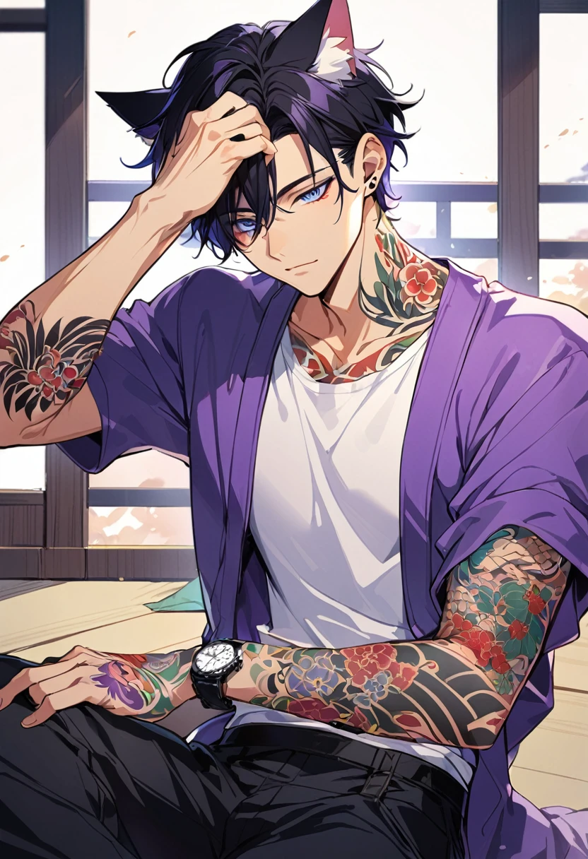 1man, short black hair, cat ears, bright blueviolet eyes, wearing a purple casual jacket, wearing a white undershirt, wearing black pants , wearing a vintage blueviolet watch, japanese style tattoos,  colorfull tattoos, tattoos all over the arms, resting head with hand