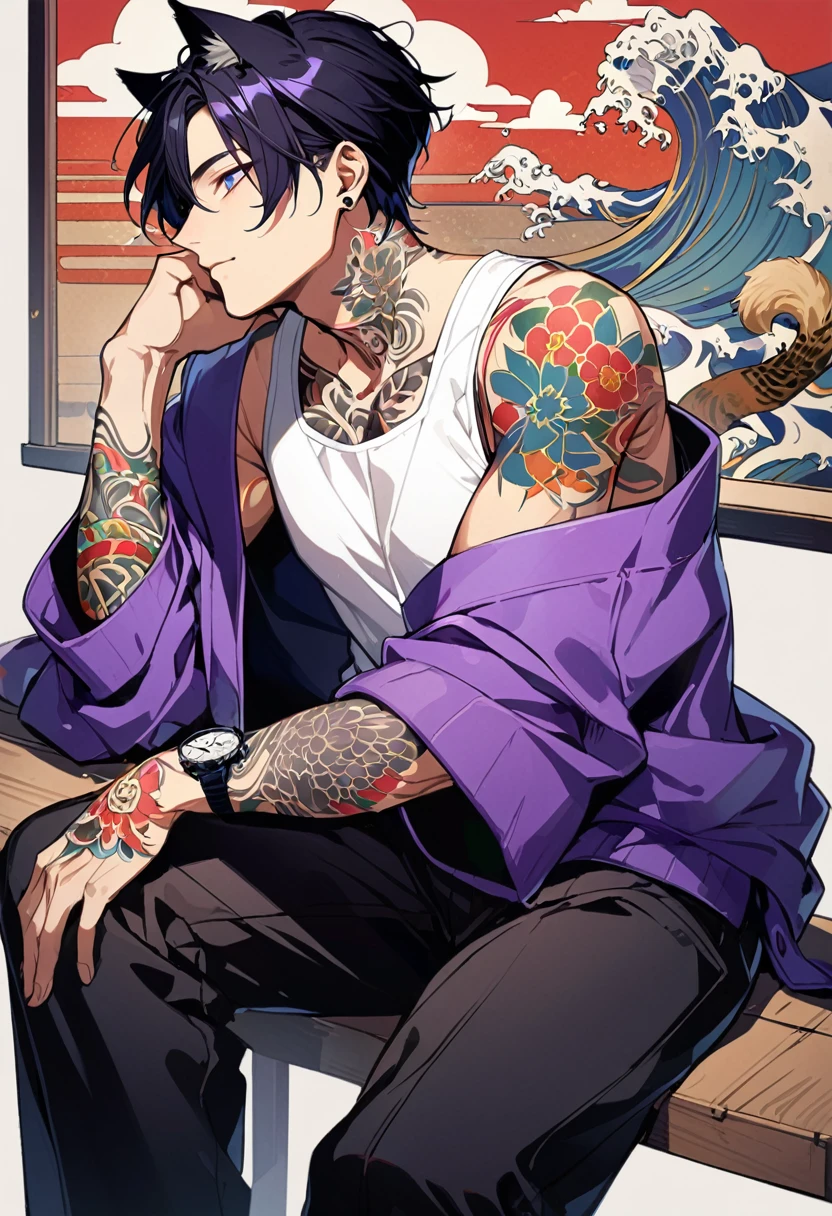 1man, short black hair, cat ears, bright blueviolet eyes, wearing a purple casual jacket, wearing a white undershirt, wearing black pants , wearing a vintage blueviolet watch, japanese style tattoos,  colorfull tattoos, tattoos all over the arms, resting head with hand