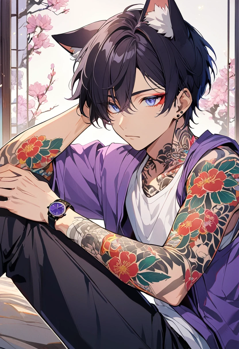 1man, short black hair, cat ears, bright blueviolet eyes, wearing a purple casual jacket, wearing a white undershirt, wearing black pants , wearing a vintage blueviolet watch, japanese style tattoos, colorfull tattoos, tattoos all over the arms, resting head with hand