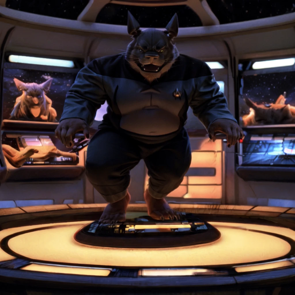 (((Barefoot furry character, full body, cinematic setting, furry male, plantigrade))) 

captain ((Totoro)), studio ghibili, furry, big, fat, whiskers, grey skin, claws,

exudes confidence and authority on starship bridge, wears star trek next generation doctor blue uniform, ((s3stngunf uniform))) long black pants, muscular figure, dynamic pose, action expression

((Bridge of starship with many screens and consoles)), futuristic look, metalic, bright colors

BREAK, intricate details, highly detailed, extreme detail, octane render, fine art, best quality, highres, (detailed face:1.5), ((full_body)), UHD, (((perfect hands))), ((low light:1.5))