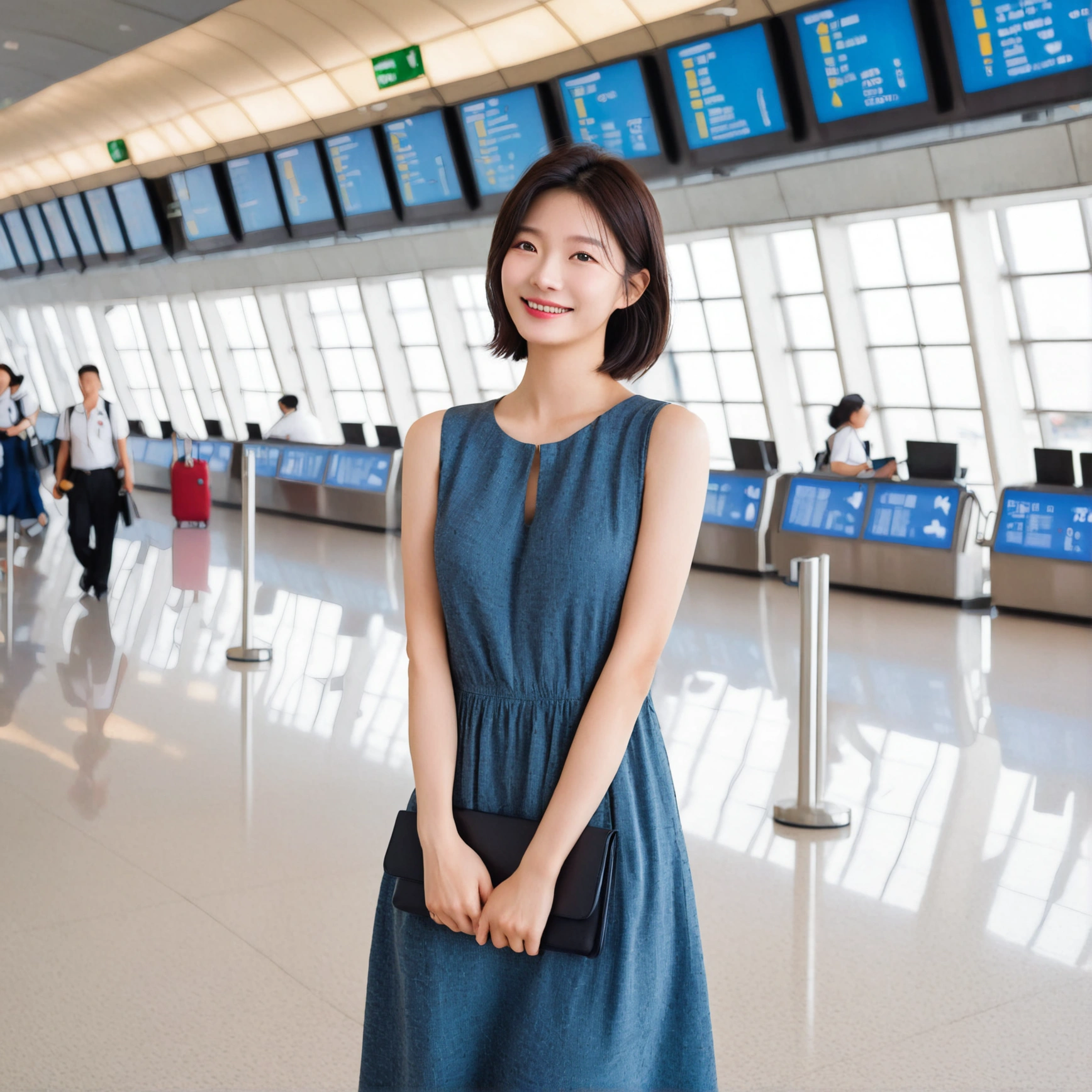 beautiful korean girl , 32 inch chest size, Your eyes are big and pretty. Standing in the departure hall of the airport. . short medium hair, A dress that completely covers the chest, laugh, uhd