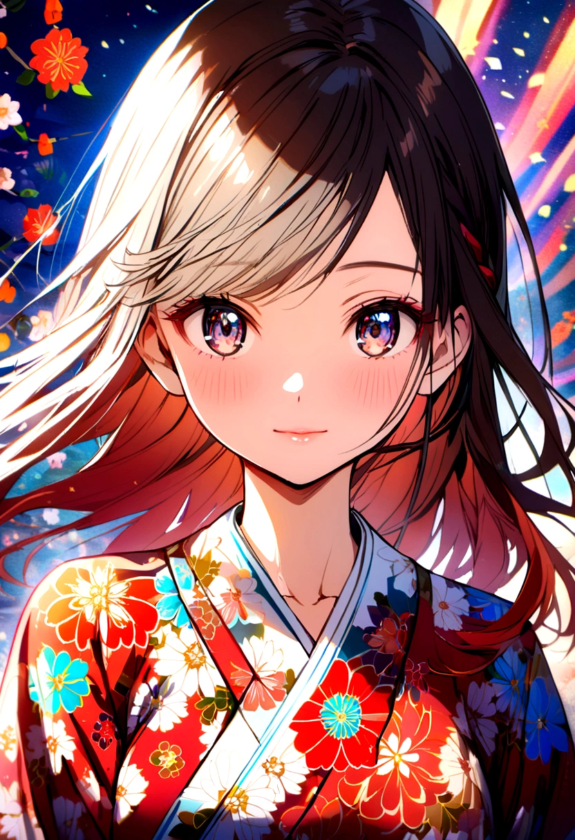 Japanese anime A long, white, white woman wearing a red floral yukata.