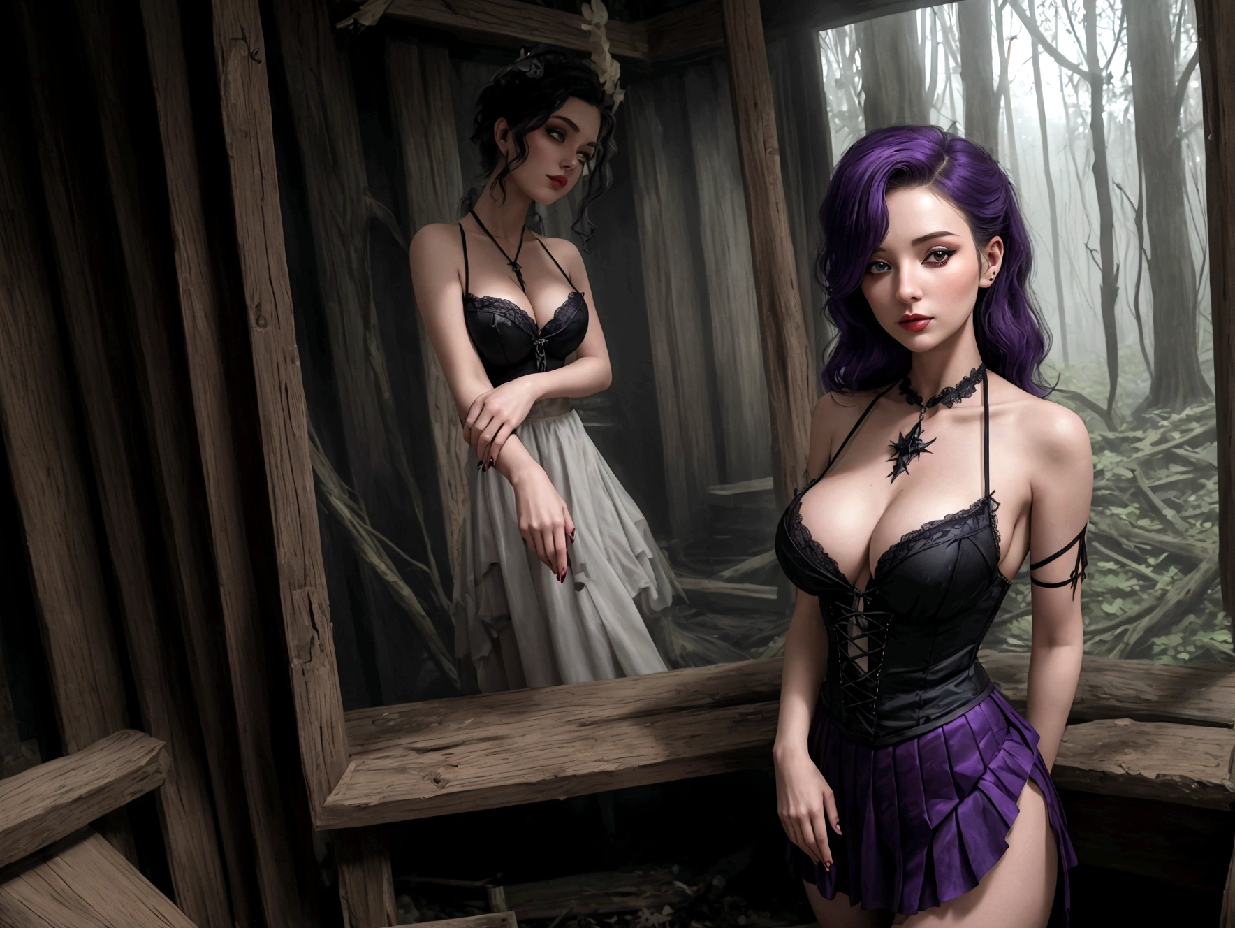 Pin up style witch, (work of art), best qualityer, extremely detaild, forest background an abandoned gloomy house, Delicate and gorgeous, portraite, (from low),(1  witch:1.4), (alone:1.2), breasts big, halter neckline Lace lingerie with black and dark purple details:1.3), sample shoulder, (super short skirt:1.2), bared shoulders, (below the chest), gorgeous eyes, (disheveled hair ), fot, over shoulder shot, proffesional, Spitz, Studio quality