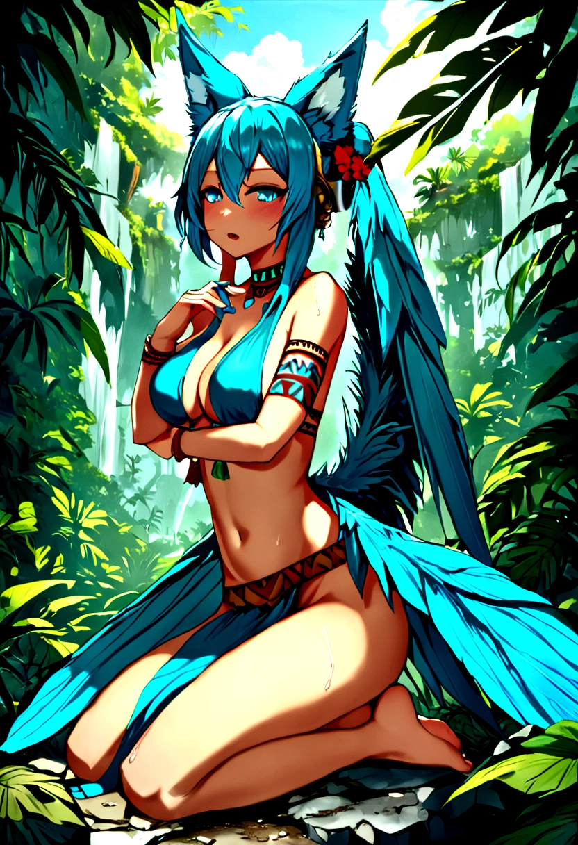 Miku Hatsune, add high definition add_detail:1, blue fur,kitsune ears, tribal tattoo add_detail:1, in ruins in the jungle, barefoot, tribal costume add_details:1, giant aquamarine feather wings_detailsl:1 ,alas hermosas la mejor calidad y detail en las plumas, add blue saturation light_detailsl, sensual pose