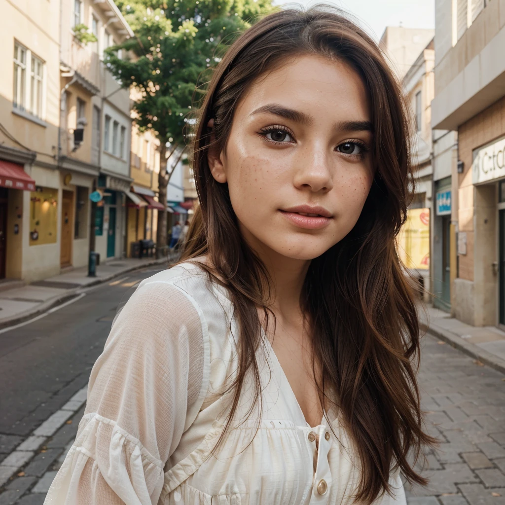 Create a very realistic and beautiful model with the following detailed features: Gender: Female, Age: Young adult (approximately 20-25 years old), Hair: Long, wavy and reddish with a natural shine, gently cascading around the shoulders and back back. . . . . . . . . . . , Eyes: Bright green with a captivating, slightly almond-shaped look, detailed with natural highlights, Skin: Fair complexion with a light texture, including natural freckles on the nose and cheeks, giving a youthful and vibrant appearance: Fair complexion with a light texture, including natural freckles on the nose and cheeks, giving a youthful and lively appearance, Face: with a smooth and natural contour, soft, full lips with a slight pinkish tint and a slightly delicate upturned nose, Expression : a sweet face, with a touch of mischief, which transmits warmth and accessibility, Clothing: a flowing dress, bright color, Context: the model is in an elegant, flowery street,
Pose: Relaxed and Confident Posture, Back, Aesthetic, Unsplash, Neoclassicism, Complex Background, Best Quality, Hyper Detailed, Gratty Sita, 64K, Light Design