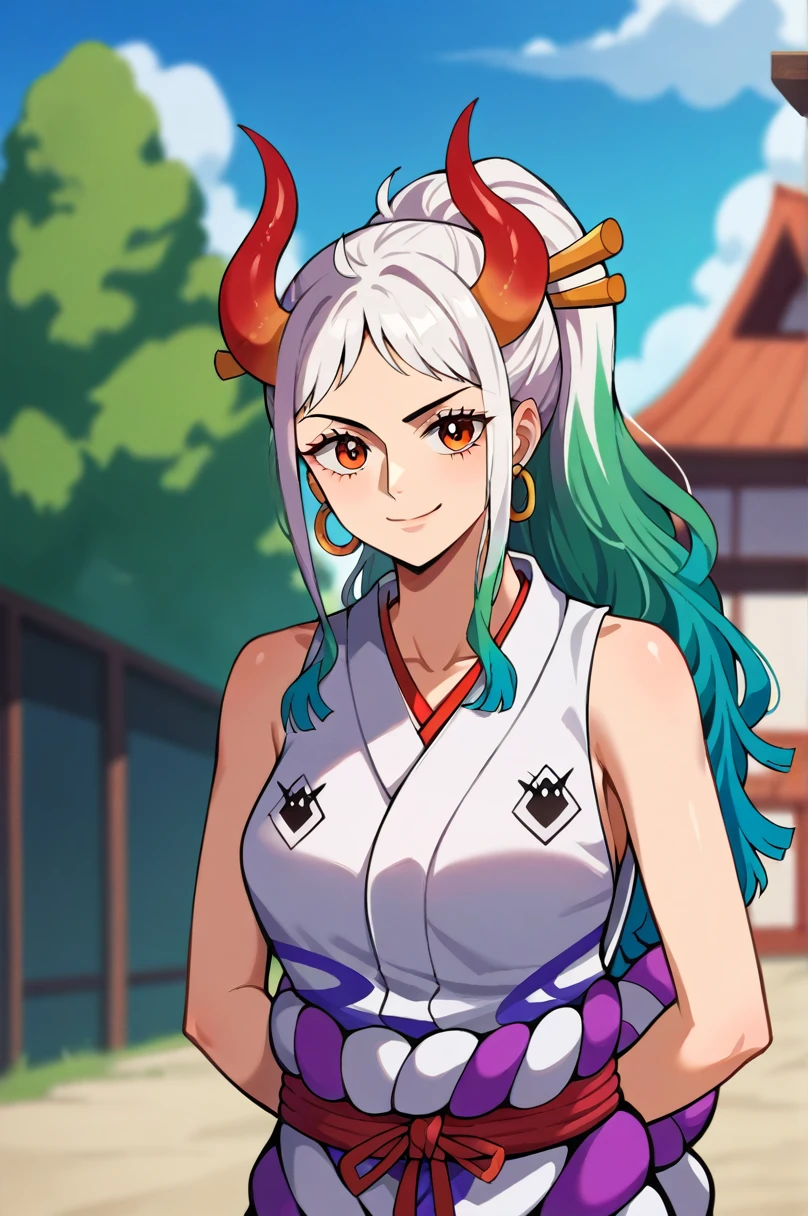 yamato \(one piece\), 1girl, solo, japanese clothes, multicolored hair, jewelry, earrings, sleeveless kimono, hair ornament, kimono, curled horns, long hair, oni, upper body, smile, rope, breasts, hair stick, sleeveless, shimenawa, white background, closed mouth, hoop earrings, bare shoulders, ponytail, (masterpiece, best quality), luxury house, scenery, ((front view)), detailed, very high resolution, no blurry image, full body, orange eyes, sligh wavy hair