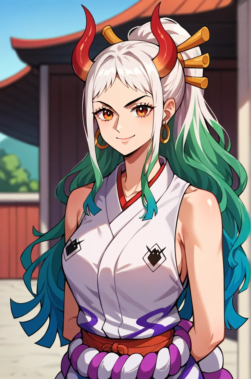 yamato \(one piece\), 1girl, solo, japanese clothes, multicolored hair, jewelry, earrings, sleeveless kimono, hair ornament, kimono, curled horns, long hair, oni, upper body, smile, rope, breasts, hair stick, sleeveless, shimenawa, white background, closed mouth, hoop earrings, bare shoulders, ponytail, (masterpiece, best quality), luxury house, scenery, ((front view)), detailed, very high resolution, no blurry image, full body, orange eyes, sligh wavy hair