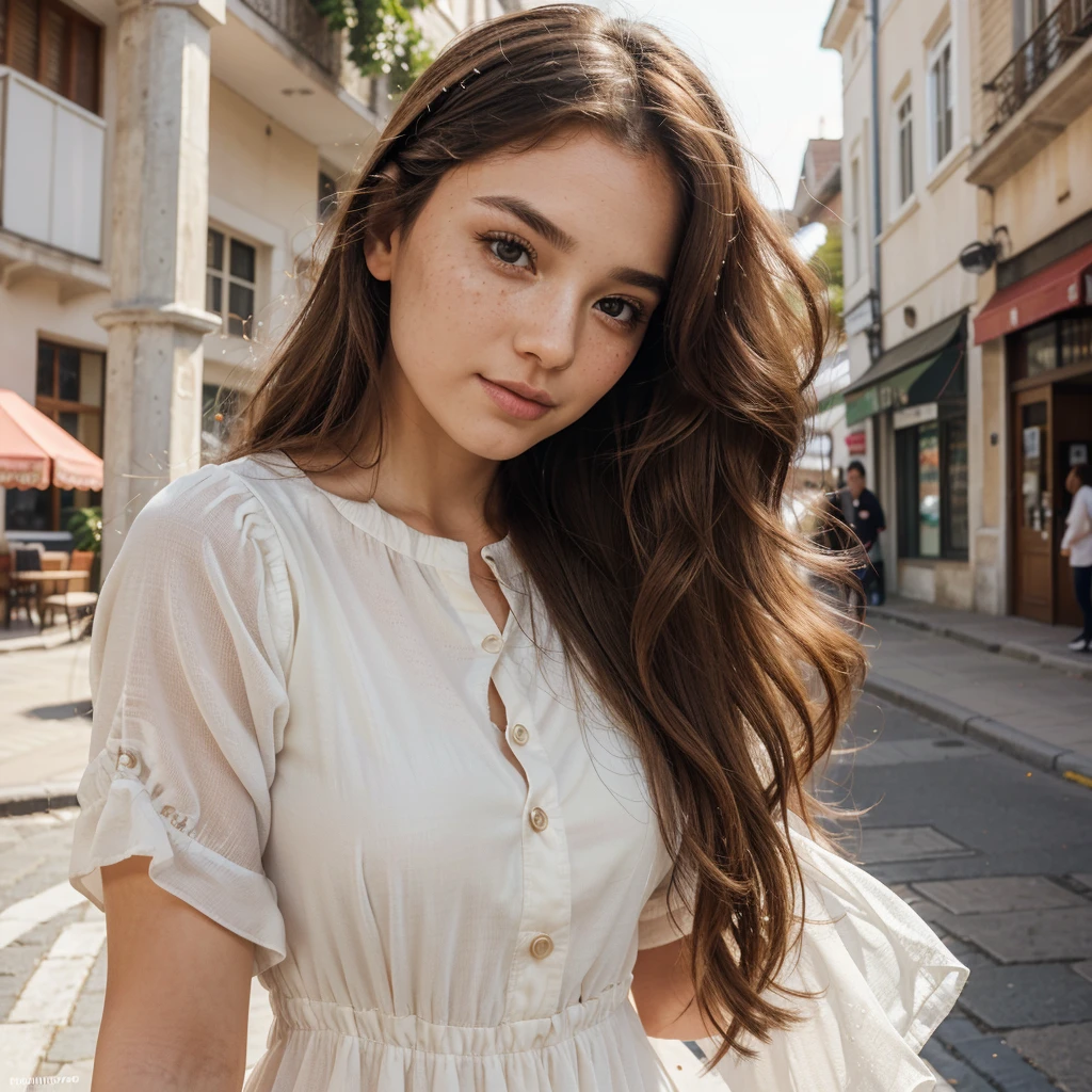 Create a very realistic and beautiful model with the following detailed features: Gender: Female, Age: Young adult (approximately 20-25 years old), Hair: Long, wavy and reddish with a natural shine, gently cascading around the shoulders and back back. . . . . . . . . . . , Eyes: Bright green with a captivating, slightly almond-shaped look, detailed with natural highlights, Skin: Fair complexion with a light texture, including natural freckles on the nose and cheeks, giving a youthful and vibrant appearance: Fair complexion with a light texture, including natural freckles on the nose and cheeks, giving a youthful and lively appearance, Face: with a smooth and natural contour, soft, full lips with a slight pinkish tint and a slightly delicate upturned nose, Expression : a sweet face, with a touch of mischief, which transmits warmth and accessibility, Clothing: a flowing dress, bright color, Context: the model is in an elegant, flowery street,
Pose: Relaxed and Confident Posture, Back, Aesthetic, Unsplash, Neoclassicism, Complex Background, Best Quality, Hyper Detailed, Gratty Sita, 64K, Light Design