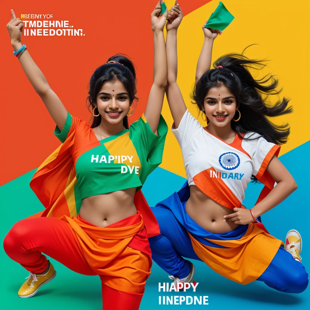 Description: A vibrant, energetic template with illustrations of young people holding the Indian flag, dancing, and celebrating. Bright colors and dynamic shapes.
Text: "Happy Independence Day" in a fun, bold font, with an enthusiastic message: "Youth power, freedom forever!"
