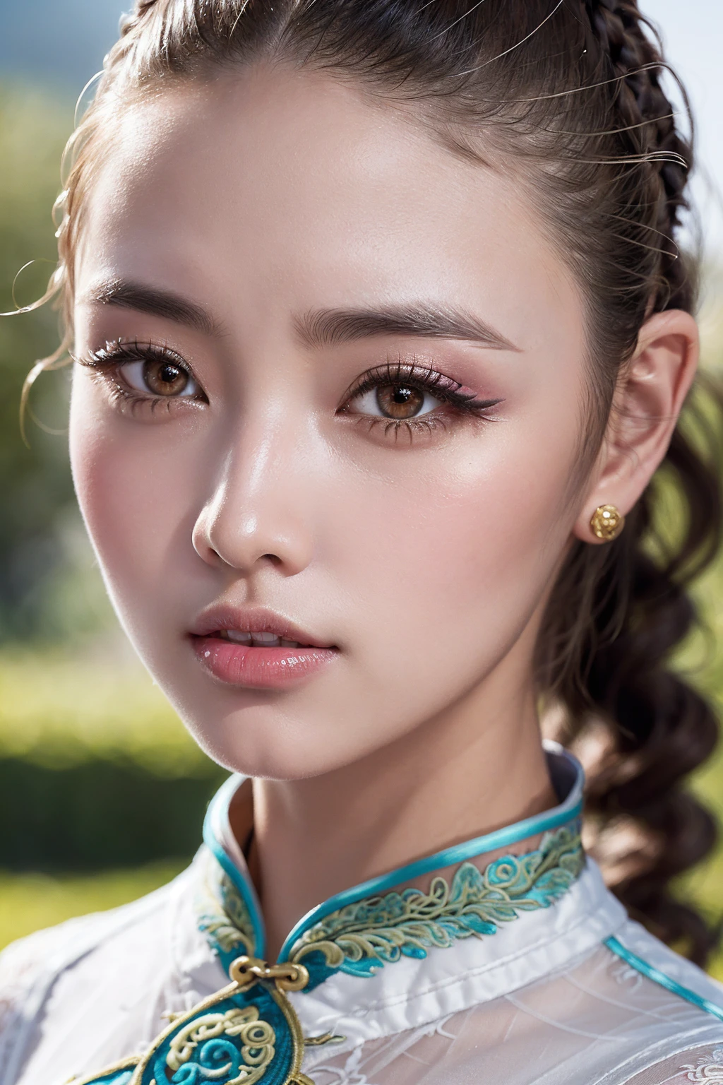 (absurd quality,16k,highres,masterpiece:1.2), ultra details,UHD,(photorealistic Realism 16K Quality), (1woman:1.3 22-year-old), (super quality details, realistic texture: skin, hair), (the most absurd quality perfect eyes), ((natural super beautiful cute sharp-face)), (light pale complexion), ((clear no blur and sharp perfect round realistic brown_eyes:1.35)), finely detailed pupils, detailed lips:1.3, BREAK, ((Fujicolor、daytime soft lighting)、fashion supermodel、((curly heban hair (slicked to the two side) Intricately detailed:1.35)), BREAK, (pink_makeup:1.3), BREAK, ((Classic and sexy ((white)) cheongsam)、Detailed blue decoration:1.3)), BREAK, (Fitted clothing:1.3)、dynamic pose、((close-up of her face:1.35)), (no decorations in the hair), (dark shot:1.2),