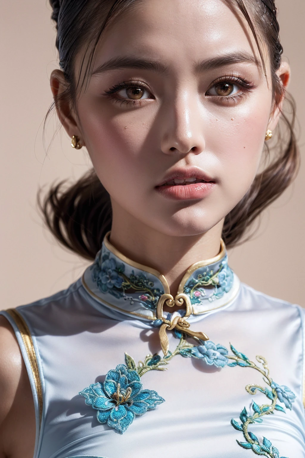 (absurd quality,16k,highres,masterpiece:1.2), ultra details,UHD,(photorealistic Realism 16K Quality), (1woman:1.3 22-year-old), (super quality details, realistic texture: skin, hair), (the most absurd quality perfect eyes), ((natural super beautiful cute sharp-face)), (light pale complexion), ((clear no blur and sharp perfect round realistic brown_eyes:1.35)), finely detailed pupils, detailed lips:1.3, BREAK, ((Fujicolor、daytime soft lighting)、fashion supermodel、((curly heban hair (slicked to the two side) Intricately detailed:1.35)), BREAK, (pink_makeup:1.3), BREAK, ((Classic and sexy ((white)) cheongsam)、Detailed blue decoration:1.3)), BREAK, (Fitted clothing:1.3)、dynamic pose、((close-up of her face:1.35)), (no decorations in the hair), (dark shot:1.2),