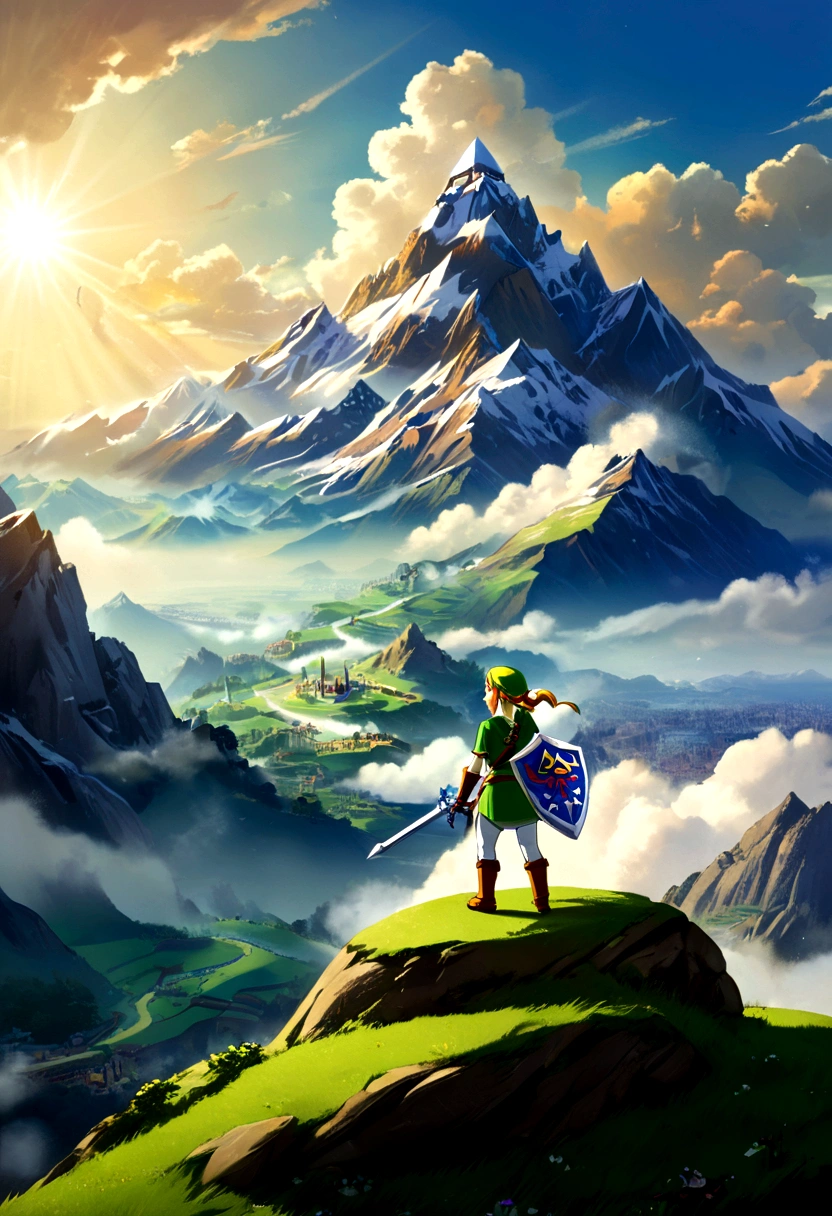(The Legend of Zelda), female Zelda, The snow on the top of the mountain reflects the rays of the sun. The clouds and mist in the mountains and the steep rocks form a mysterious and majestic scene. The brave at the foot of the mountain is heading towards the unknown peak, with the clouds and mist in the background. Winding mountain peaks, full body, (Photography), panoramic view, award-winning, cinematic still, emotional, vignette, dynamic, vivid, (masterpiece, best quality, Professional, perfect composition, very aesthetic, absurdres, ultra-detailed, intricate details:1.3)