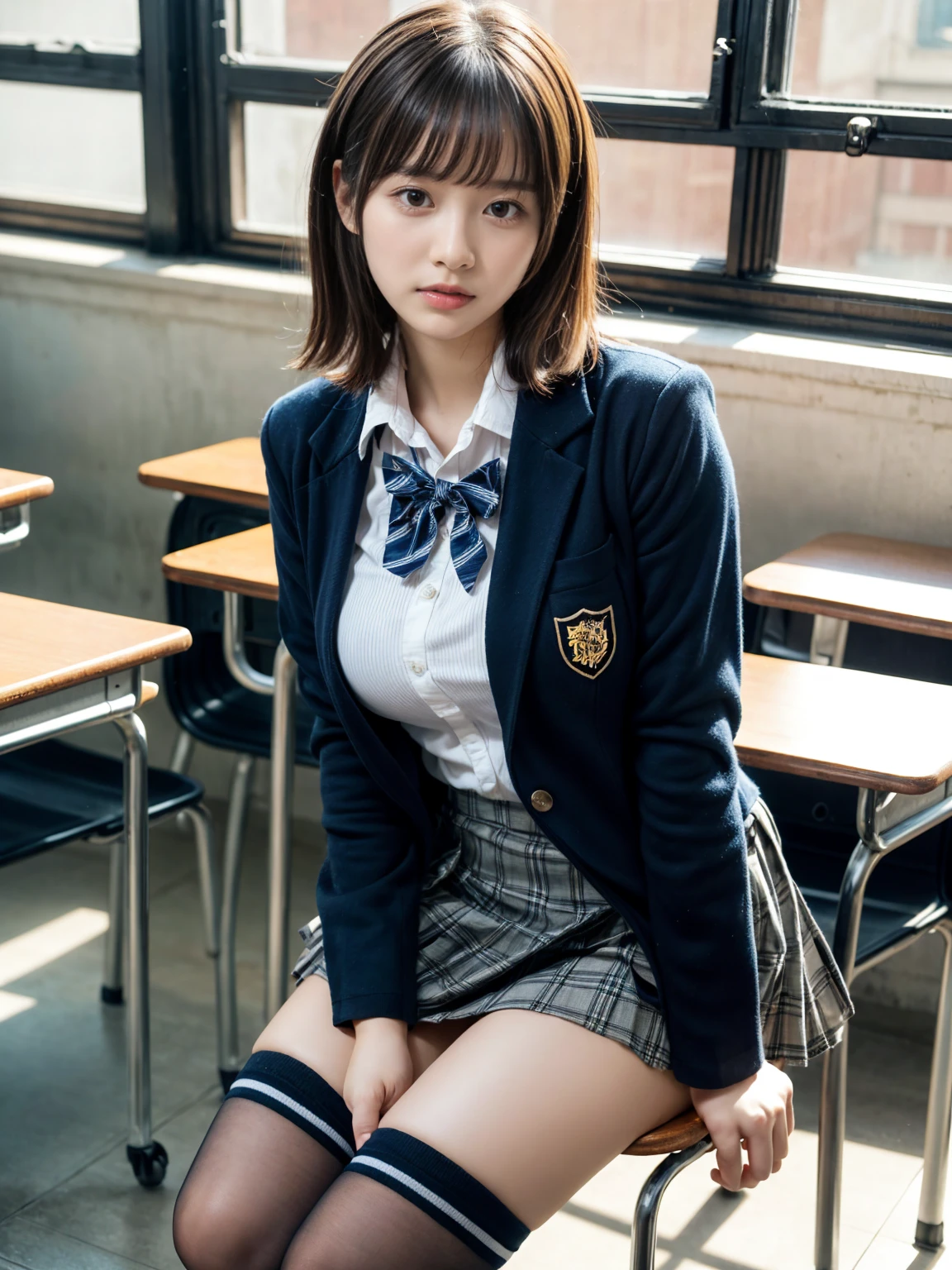 masterpiece, best quality, illustration, Super detailed, fine details, High resolution, 8K,wall paper, perfect dynamic composition,(Details High quality, realistic depiction of eyes:1.3), (2 girls, 2 schoolgirls:1.2), from side, High School Classroom、High school girl uniform、blazer 、Super Short Check Uniform Skirt、Navy blue high socks、garterbelts、Colossal tits、Disturbed uniform,  short bob hair, black hair color, huge breasts, Big Natural Color Lip, bold sexy pose, (perfect body shape), crying a little、 Harajuku style、20 year old girl、 beautiful legs, hposing Gravure Idol, Voluptuous thighs
