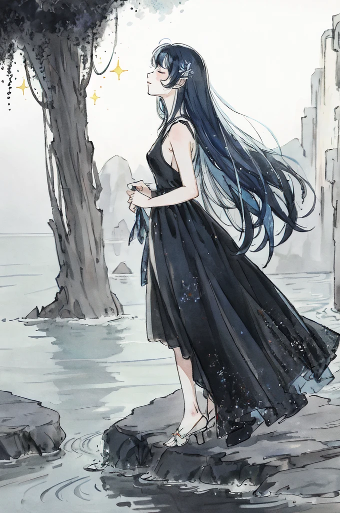 anime style, profile/side view, closeup, woman with (very light blue) hair, long hair, closed eyes, sleeveless black dress, nymph, flowing, sparkle