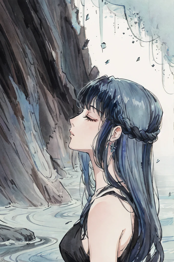 anime style, profile/side view, closeup, woman with (very light blue) hair, long hair, closed eyes, sleeveless black dress, nymph, flowing, sparkle