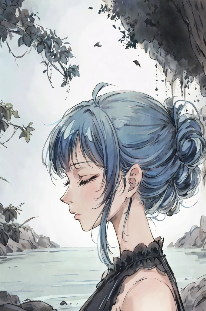 anime style, profile/side view, closeup, woman with (very light blue) hair, long hair, closed eyes, sleeveless black dress, nymph, flowing, sparkle