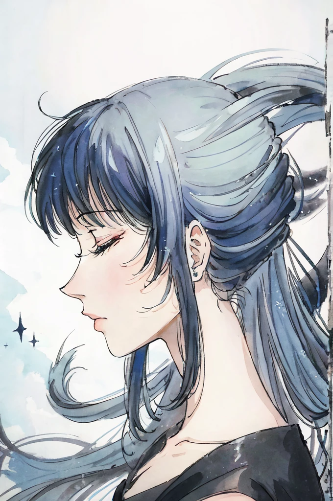 anime style, profile/side view, closeup, woman with (very light blue) hair, long hair, closed eyes, sleeveless black dress, nymph, flowing, sparkle