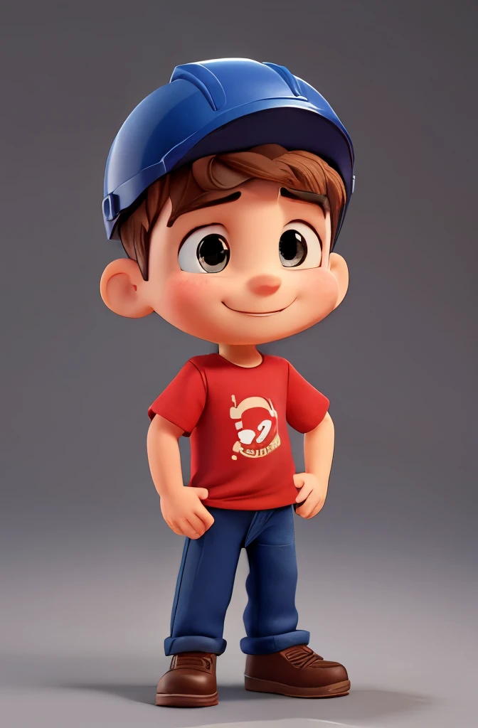 a cute little MALE factory worker , 45 years, big head, short hair, Oval face，SMILE，fit, high, with a red work helmet ，He wears a red t-shirt showing letters HARRIS, dark blue jeans and black shoes.，toy figures, Best Quality, 3d cartoon，full body view, Fancy, dreamlike, surrealism, Lovely, trend on Artstation
