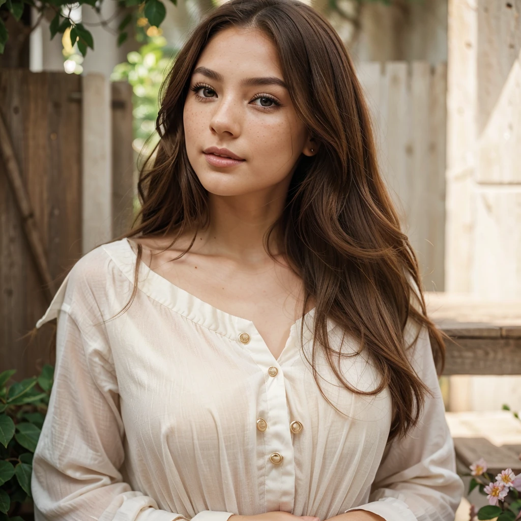Create a very realistic and beautiful model with the following detailed features: Gender: Female, Age: Young adult (approximately 20-25 years old), Hair: Long, wavy and reddish with a natural shine, gently cascading around the shoulders and back back. . . . . . . . . . . , Eyes: Bright green with a captivating, slightly almond-shaped look, detailed with natural highlights, Skin: Fair complexion with a light texture, including natural freckles on the nose and cheeks, giving a youthful and vibrant appearance: Fair complexion with a light texture, including natural freckles on the nose and cheeks, giving a youthful and lively appearance, Face: with a smooth and natural contour, soft, full lips with a slight pinkish tint and a slightly delicate upturned nose, Expression : a sweet face, with a touch of mischief, which transmits warmth and accessibility, Clothing: a flowing dress, bright color, Context: the model is in an elegant, flowery street,
Pose: Relaxed and Confident Posture, Back, Aesthetic, Unsplash, Neoclassicism, Complex Background, Best Quality, Hyper Detailed, Gratty Sita, 64K, Light Design