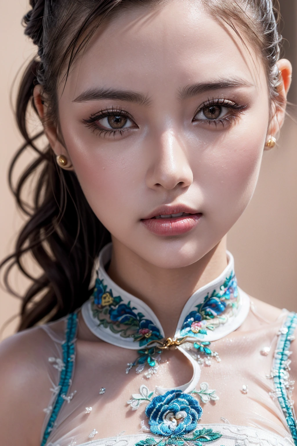 (absurd quality,16k,highres,masterpiece:1.2), ultra details,UHD,(photorealistic Realism 16K Quality), (1woman:1.3 22-year-old), (super quality details, realistic texture: skin, hair), (the most absurd quality perfect eyes), ((natural super beautiful cute sharp-face)), (light pale complexion), ((clear no blur and sharp perfect round realistic brown_eyes:1.35)), finely detailed pupils, detailed lips:1.3, BREAK, ((Fujicolor、daytime soft lighting)、fashion supermodel、((curly heban hair (slicked to the two side) Intricately detailed:1.35)), BREAK, (pink_makeup:1.3), BREAK, ((Classic and sexy ((white)) cheongsam)、Detailed blue decoration:1.3)), BREAK, (Fitted clothing:1.3)、dynamic pose、((close-up of her face:1.35)), (no decorations in the hair), (dark shot:1.2),