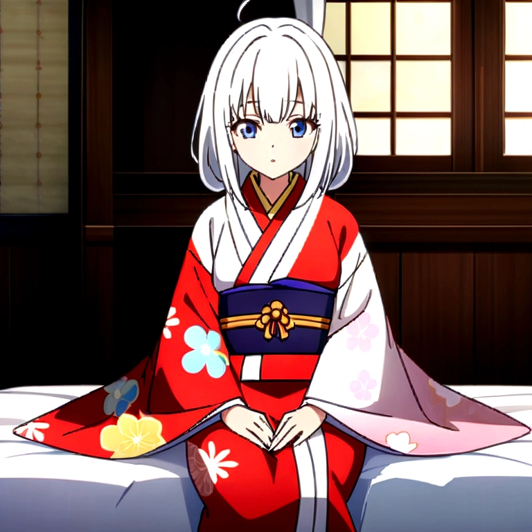 anime image of a woman in kimono outfit sitting on a bed, in kimono, in kimono, Best konachan anime wallpaper 4k, anime style 4k, official art, manga wallpaper 4 k, Wear a kimono, Wear a kimono, anime wallpaper 4k, anime wallpaper 4 k, red kimono, Anime art wallpaper 8 k, White-haired angel, put her in the center of the picture a bit.