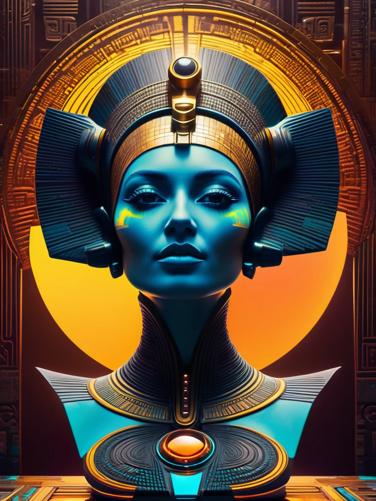 Square album cover, electronica, compilation album, female dj, face obscured, chilled out beats, abstract patterns, futuristic ancient Egyptian elements, Cyberpunk 2077 colors but not as dark, Russian constructivist influence, the sun, science-related ideas, abstract statues