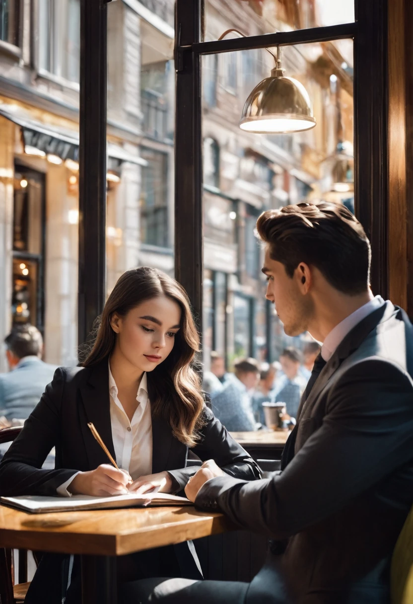 A beautiful young woman sits in a café, engrossed in writing on her notebook. Across from her, a handsome young man in a suit sips his coffee, stealing glances at the woman absorbed in her writing.