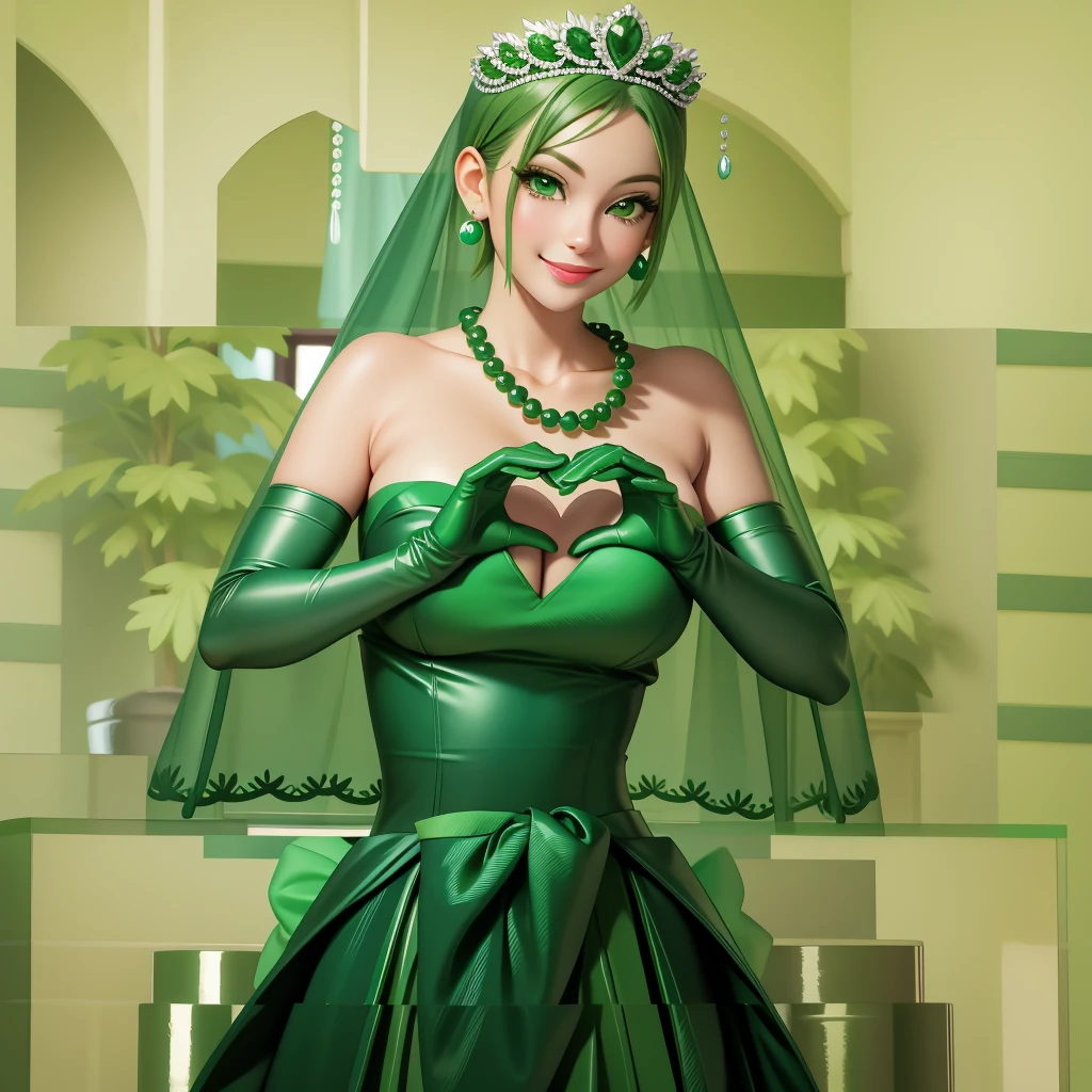 emerald tiara, Green Pearl Necklace, Boyish very short green hair, Green Lips, Smiling Japanese woman, Very short hair, Busty beautiful lady, Green Eyes, Green satin long gloves, Green Eyes, Emerald Earrings, Green veil, Heart with both hands, Green Hair, Beautiful Japanese Woman, Heart shaped hands:1.3, green lip gloss