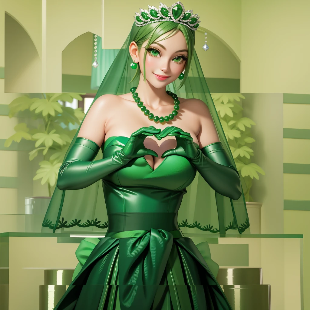 emerald tiara, Green Pearl Necklace, Boyish very short green hair, Green Lips, Smiling Japanese woman, Very short hair, Busty beautiful lady, Green Eyes, Green satin long gloves, Green Eyes, Emerald Earrings, Green veil, Heart with both hands, Green Hair, Beautiful Japanese Woman, Heart shaped hands:1.3, green lip gloss