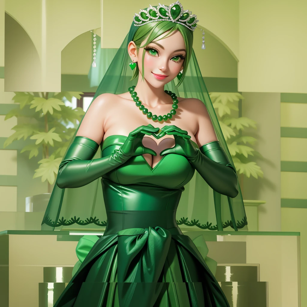 emerald tiara, Green Pearl Necklace, Boyish very short green hair, Green Lips, Smiling Japanese woman, Very short hair, Busty beautiful lady, Green Eyes, Green satin long gloves, Green Eyes, Emerald Earrings, Green veil, Heart with both hands, Green Hair, Beautiful Japanese Woman, Heart shaped hands:1.3, green lip gloss