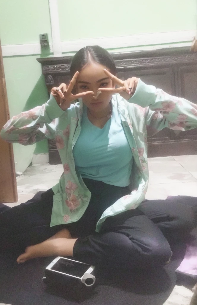 woman sitting on the floor with her hands in the air, cool pose, peacefull, anjali mudra, with a cool pose, shooting pose, peace sign, satisfied pose, armfold pose!, in a fighting pose, an artistic pose, with fingers, doing a sassy pose, in an action pose, inspired by Yi Insang, dang my linh, big bobs, perfect breast, bobs